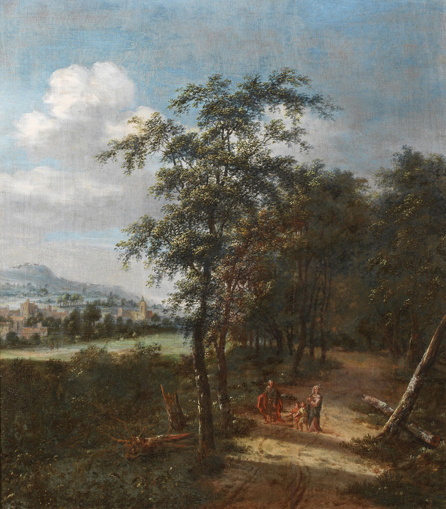 Dionys Verburgh - A wooded landscape with figures on a track
