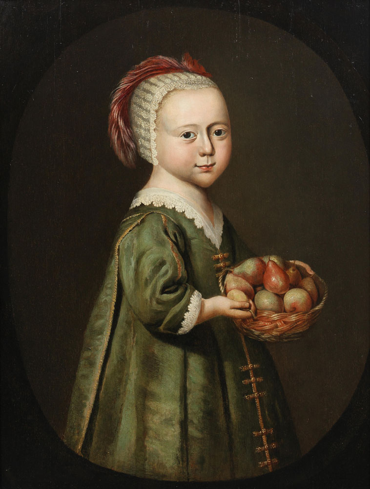Dutch School - Portrait of a child, three-quarter-length, in a green smock, holding a basket of pears