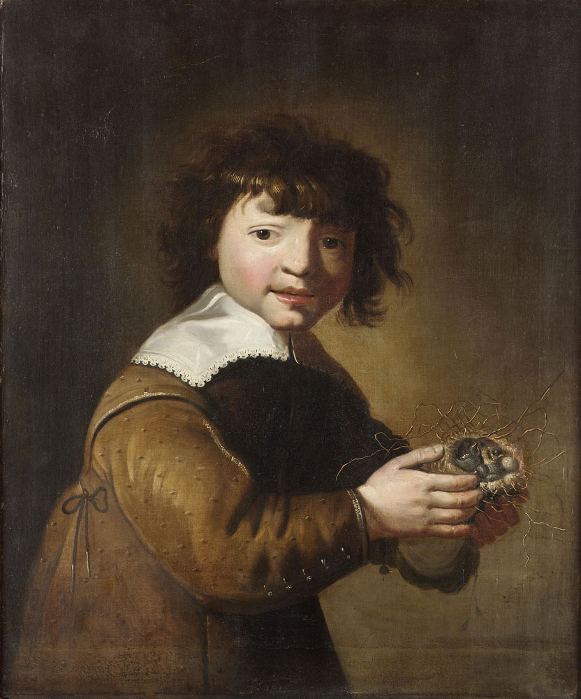 Dutch School - A young boy holding a bird's nest