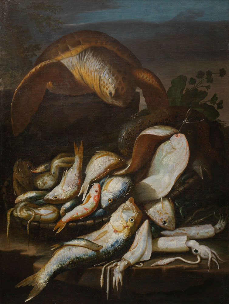 Elena Recco - A sea turtle with an assortment of fish and squid spilling from a basket