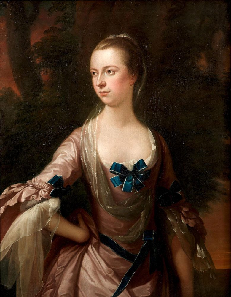 English School - Portrait of lady, traditionally identified as Elizabeth Hartley (1738-1815), half-length, in a pink dress with blue bows