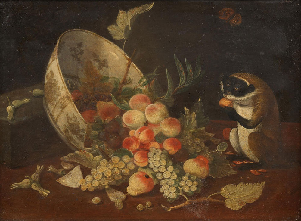 Flemish School - An upturned bowl of peaches, plums, grapes and other fruit with a monkey on a table