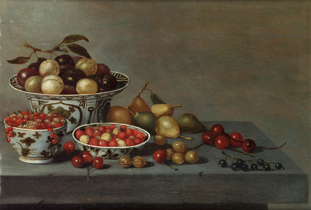 Studio of Floris van Schooten - Plums, redcurrants and frais du bois in wan-li kraak bowls, with pears, cherries, goosberries and blackcurrants on a ledge