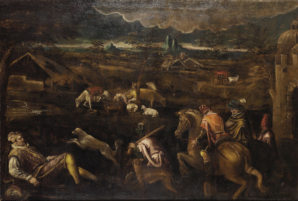 Studio of Francesco Bassano the Younger - An extensive landscape with an elegant hunting party