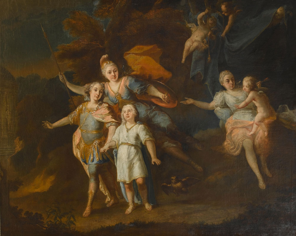 Studio of François de Troy - An allegorical portrait with Athene bestowing wisdom on three noble children