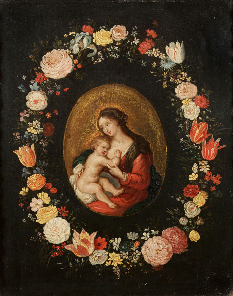 Studio of Frans Francken the Younger - The Virgin and Child surrounded by a garland of flowers