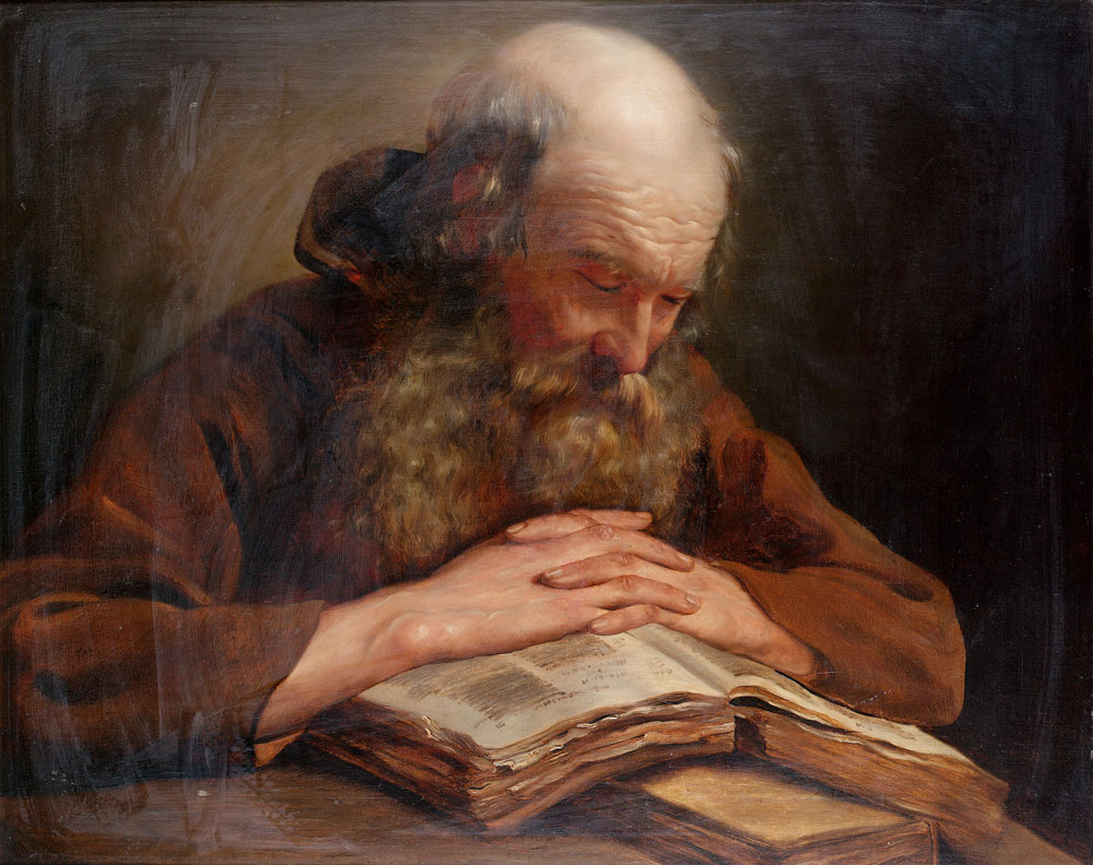 French School - A Franciscan monk at his devotions