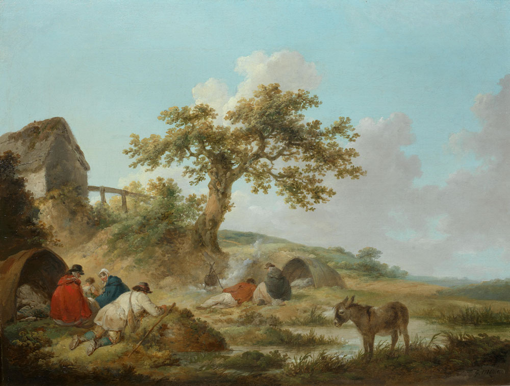 George Morland - An encampment with gypsies and a donkey by a cottage