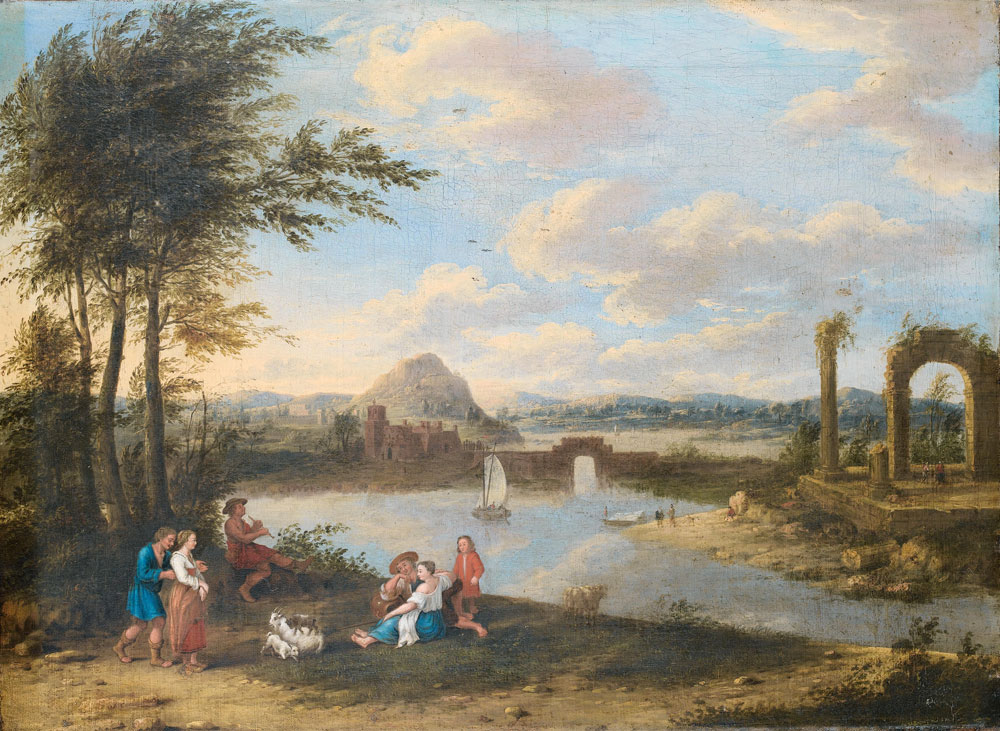 German School - Shepherds and shepherdesses resting beside a river