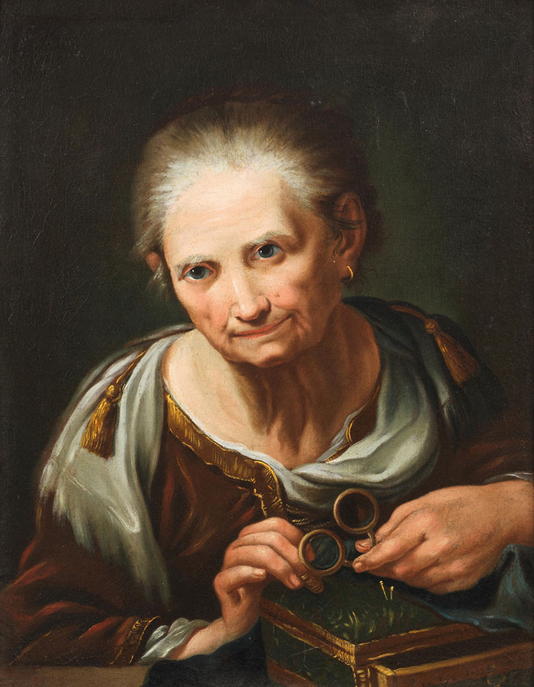 Follower of Giuseppe Nogari - An elderly lady holding glasses