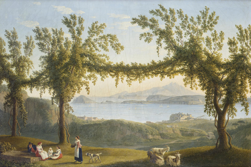 Jacob Philipp Hackert - Country folk resting beneath vines in the hills above Solfatara with a view of Ischia