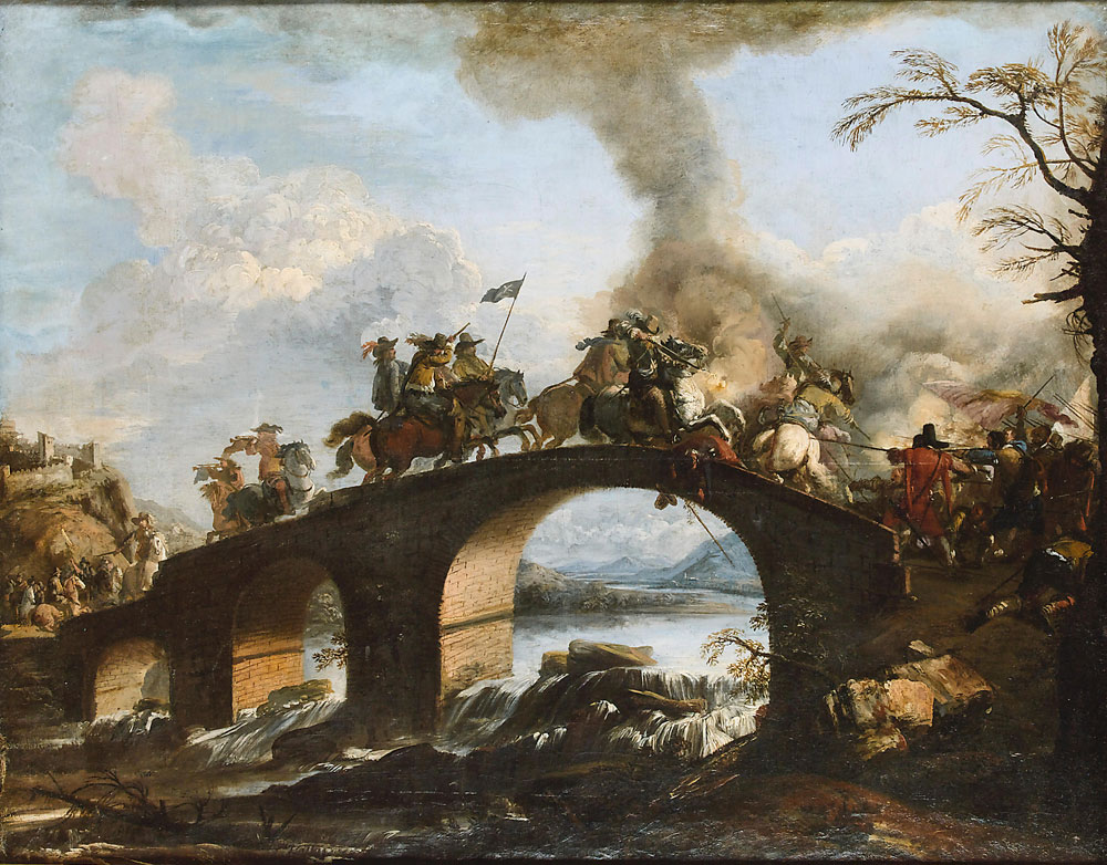 Attributed to Jacques Courtois - A cavalry skirmish on a bridge