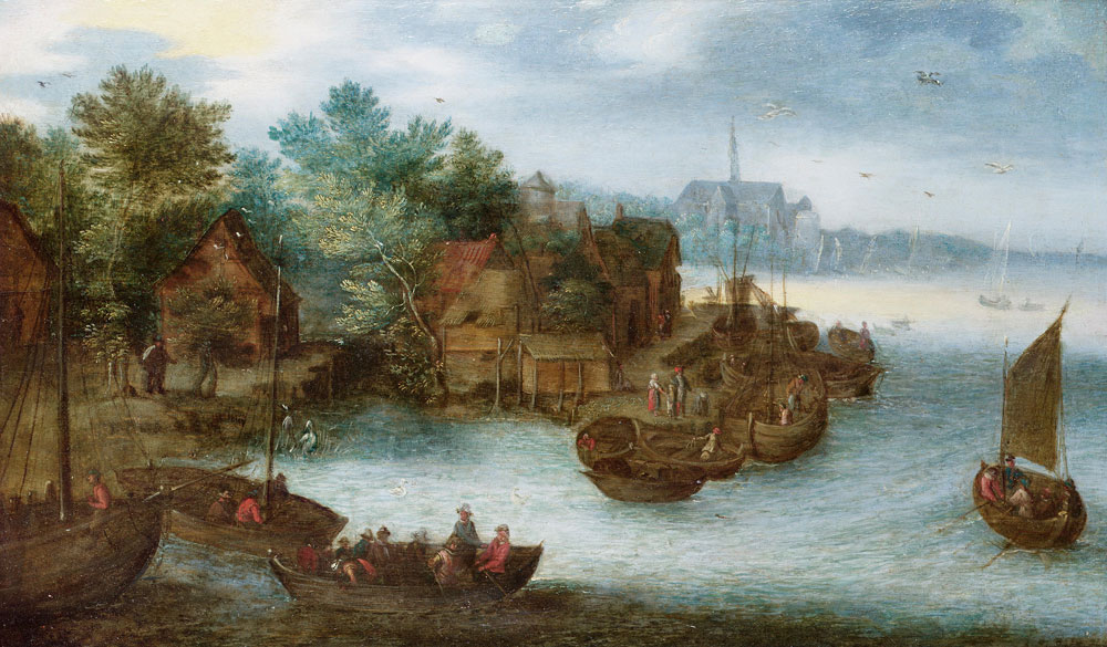 Follower of Jan Brueghel the Elder - A riverside village with figures in barges