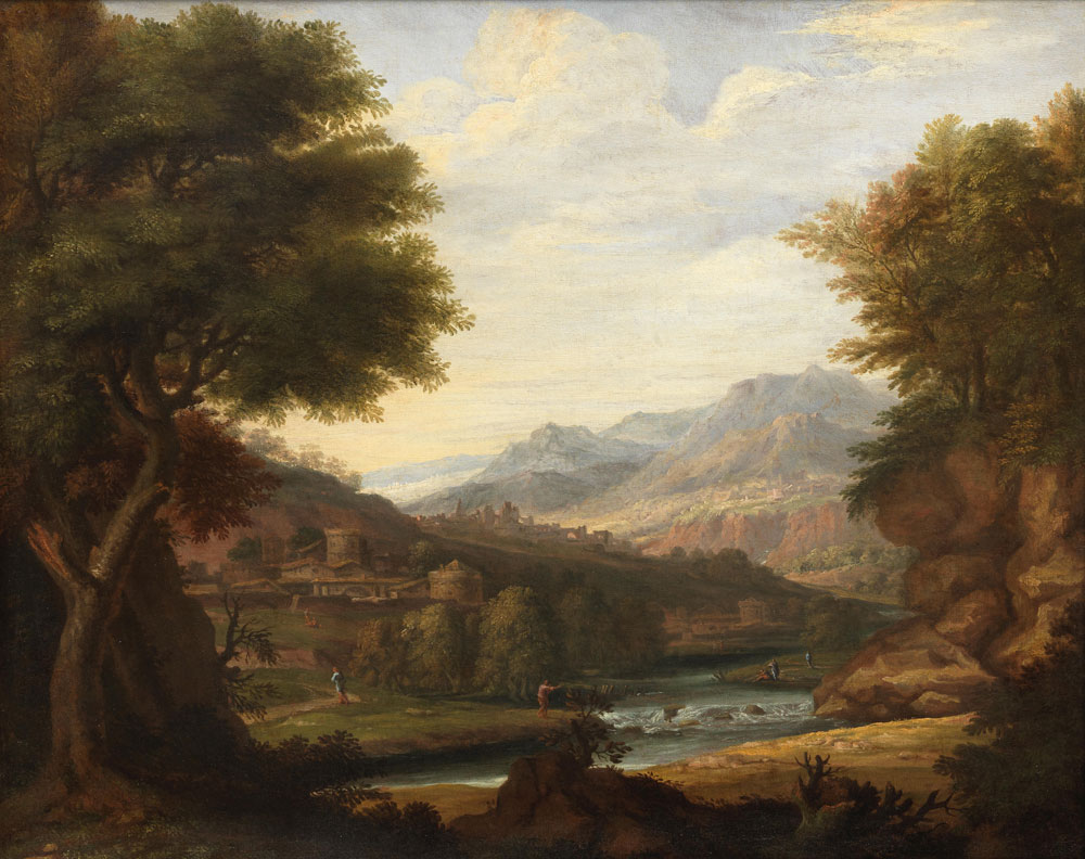 Attributed to Jan Joost van Cossiau - An extensive classical Italianate landscape with figures by a river, a town beyond