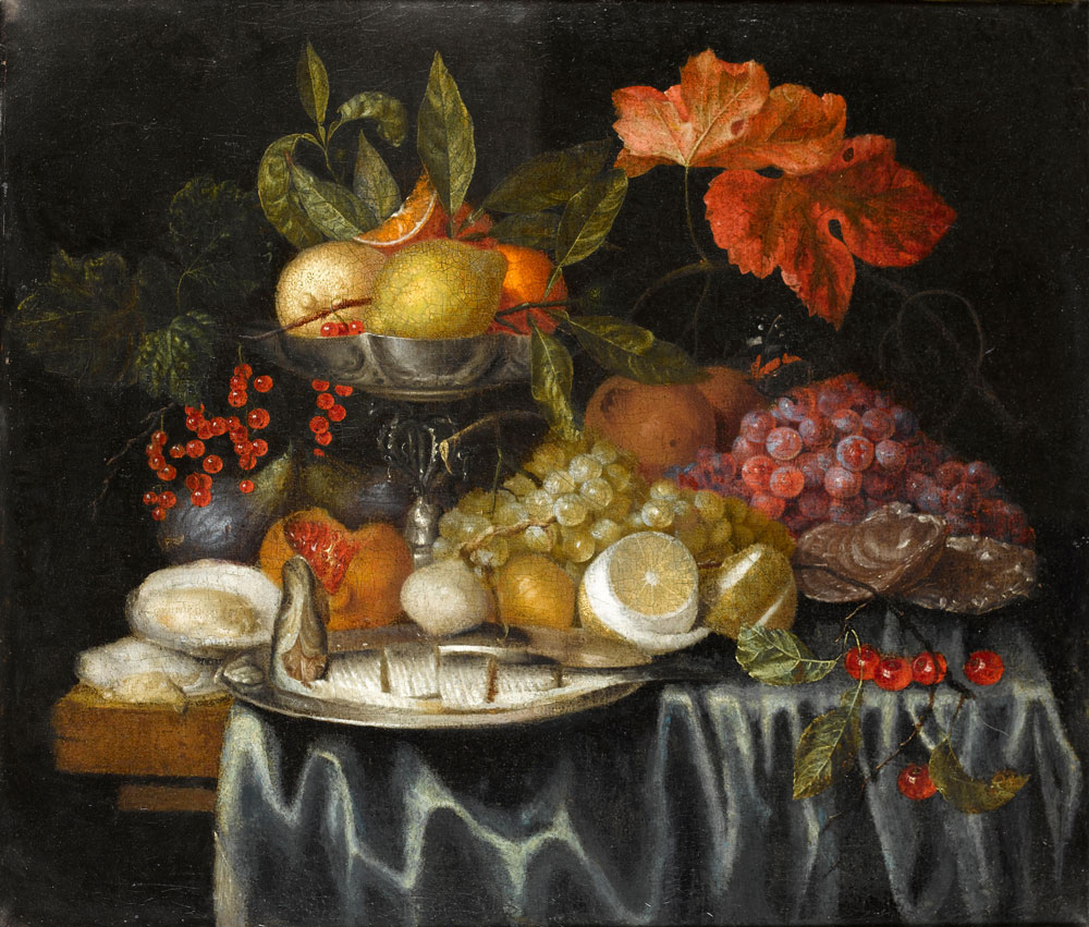 Jan Pauwel Gillemans the Younger - A still life of oysters, a silver tazza with oranges and lemons, fish on a silver dish and other fruit on a table draped with a blue cloth