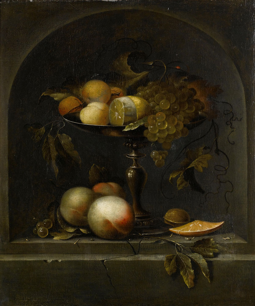 Johannes Borman - Peaches, grapes and a lemon in a silver gilt tazza