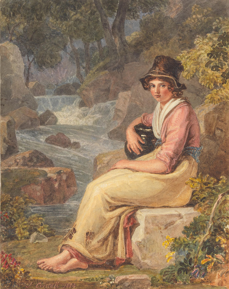 Joshua Cristall - A country girl seated by a river holding a jug