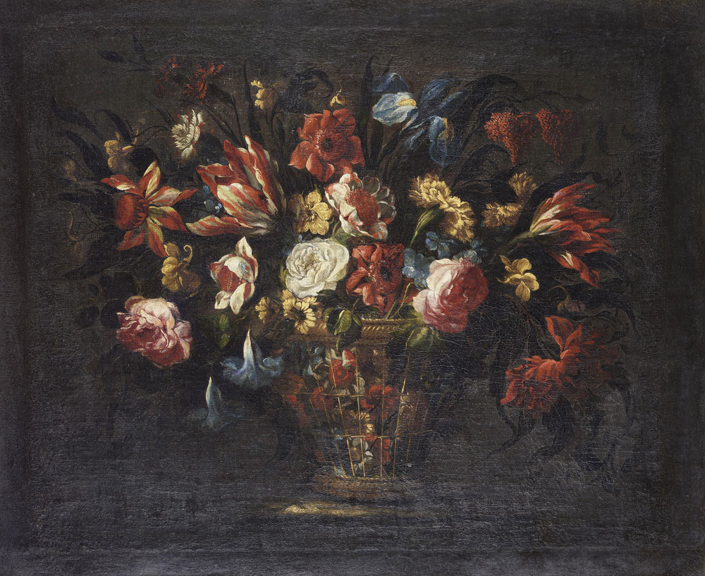 Circle of Juan de Arellano - Tulips, roses, an iris and other flowers in a wicker basket