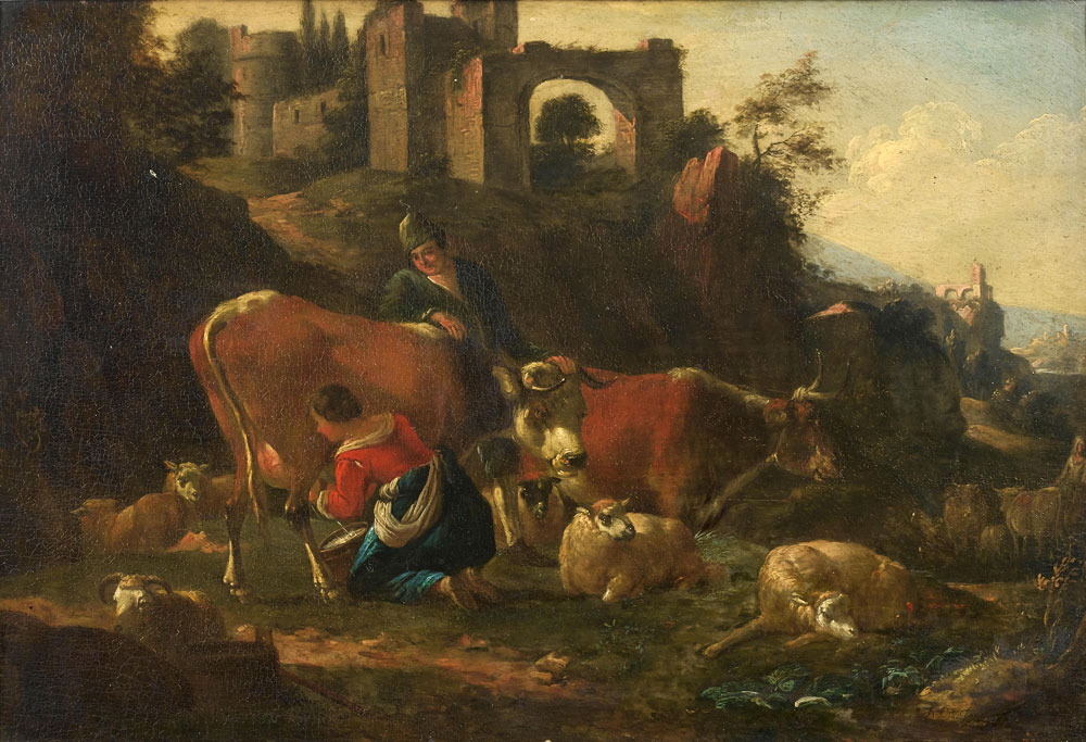 Follower of Karel Dujardin - A herdsman and a milkmaid with cattle and sheep before ruins
