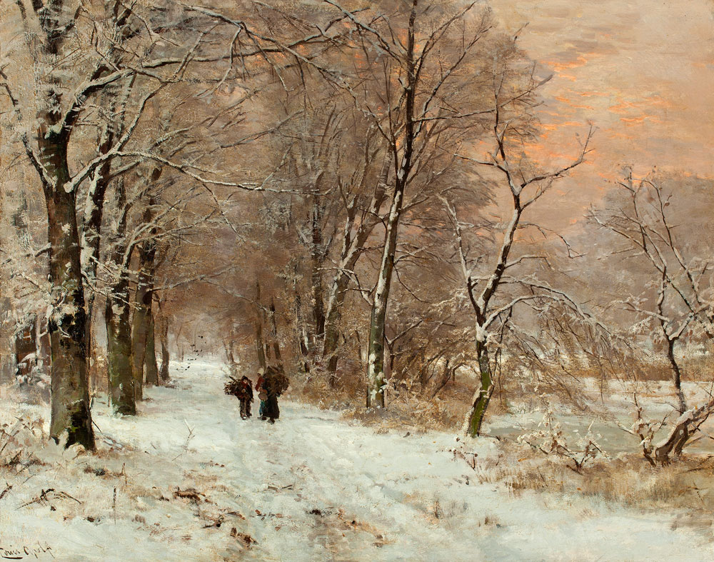 Louis Apol - Winterlandscape with wood gatherers by sunset
