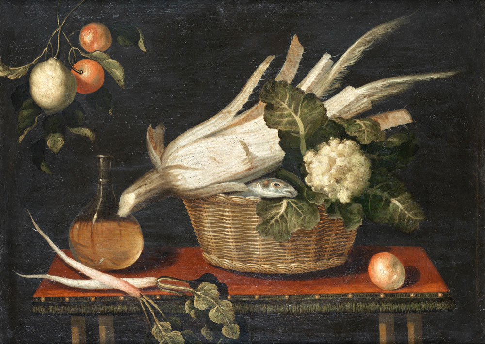 School of  Madrid - A fish, a cauliflower and other vegetables in a wicker basket