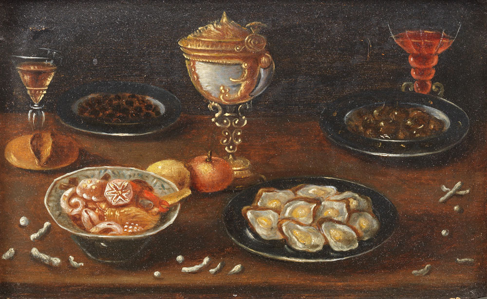 Manner of Osias Beert the Elder - Oysters, figs, olives and a nautilus cup on a table top
