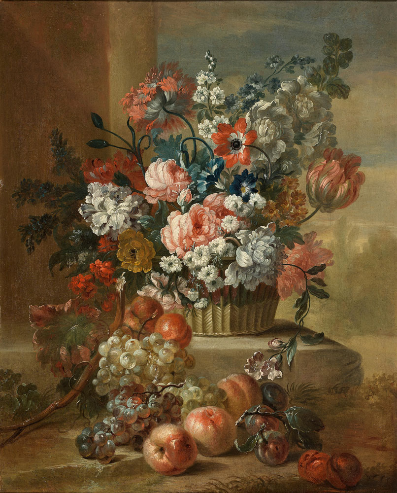 Pieter Casteels III - A basket of tulips, roses, poppies and other flowers on a stone ledge with peaches and grapes in the foreground