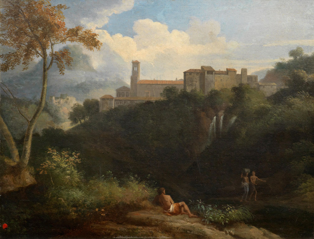 Roman School - An Italianate landscape with figures before a town