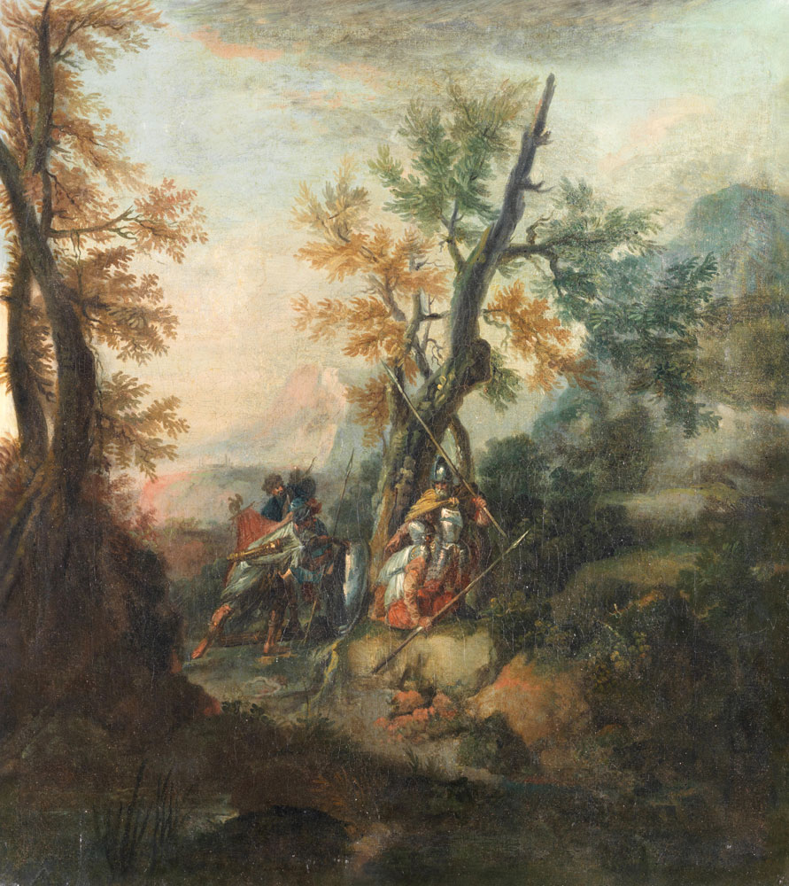 Follower of Salvator Rosa - Roman soldiers resting beside a river