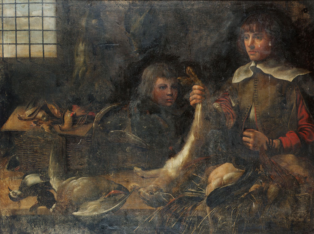Studio of Samuel Hoffmann - Two boys in a kitchen with a dead hare, lapwing and mallard on a table before them