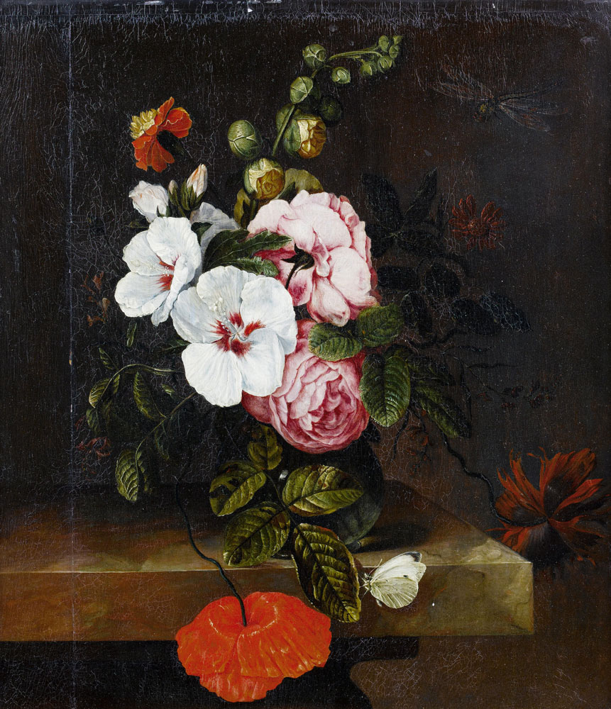 Follower of Simon Pietersz. Verelst - Roses, tulips and other flowers in a glass vase on a table top, with a butterfly and a dragonfly