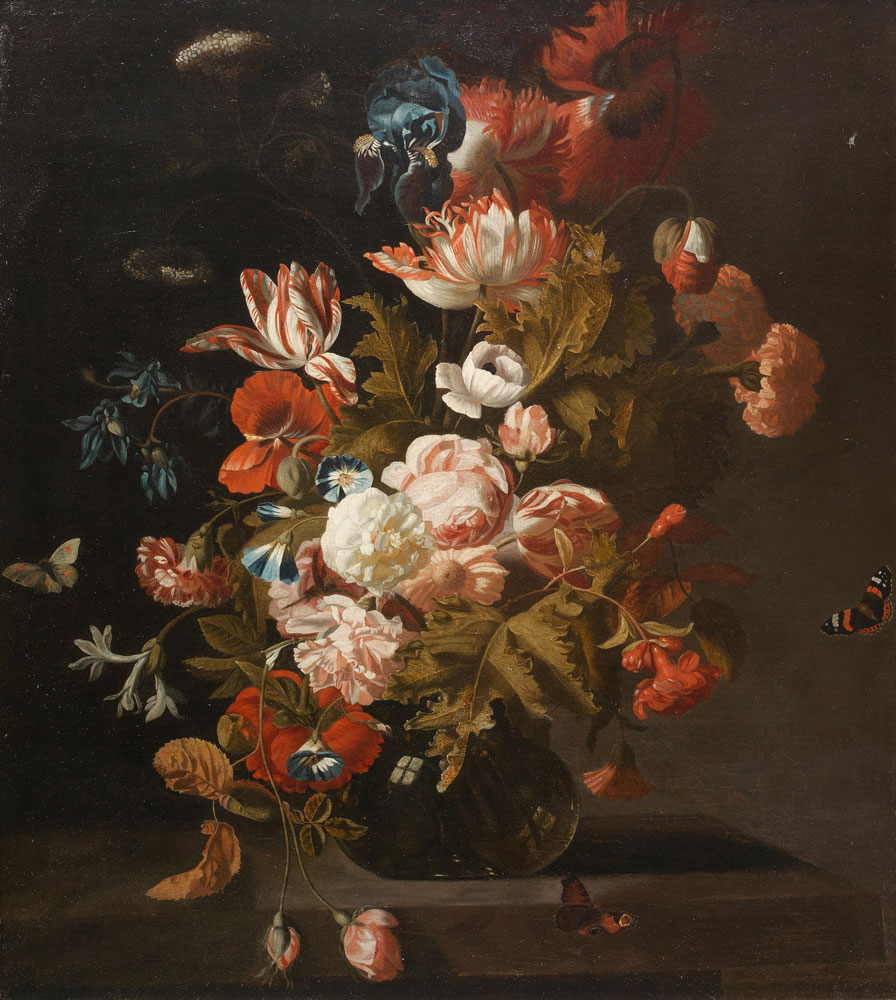 Simon Pietersz. Verelst - Tulips, poppies, an iris, convolvuli and other flowers in a glass vase with hovering butterflies