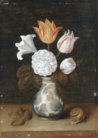 Circle of Ambrosius Bosschaert the Elder Roses, a lily and variegated tulips