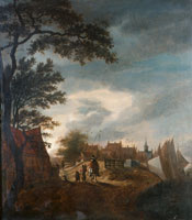 Attributed to Anthonie van Borssom A horseman riding through a village at dusk