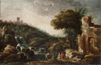 Follower of Carlo Bonavia An Italianate landscape with figures resting before a waterfall