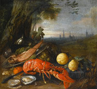 Cornelis de Heem Lemons with oysters, a lobster, melons and a bottle of wine