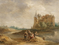 Follower of David Teniers the Younger Figures fishing in a landscape with a castle in the distance