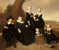 Dirck Dircksz. van Santvoort A group portrait of a gentleman and his wife, seated full-lengths, with their four daughters, in black costume, the youngest two seated making garlands of flowers, in a landscape