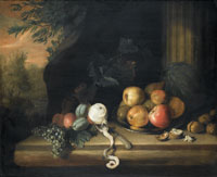 Attributed to George William Sartorius Apples, a melon, grapes, a peeled lemon and walnuts