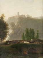 Jean Victor Bertin A view of Tivoli with drovers crossing a bridge in the foreground