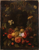 Joris van Son A swag of of grapes, peaches, cherries, strawberries, roses, narcissi, a hyacinth and other flowers decorating a carved niche with a bust, with a cockchafer, moth and butterfly