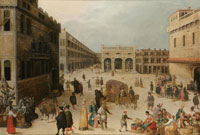 Louis De Caullery and Studio The Piazza della Signoria, Florence, with a carriage, numerous elegant figures and townsfolk selling their wares