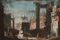 Marco Ricci Figures amongst ruins with an equestrian statue