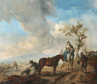 Manner of Philips Wouwerman A beggar approaching a lady on horseback