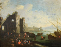 Follower of Pieter Bout Figures resting before a harbour