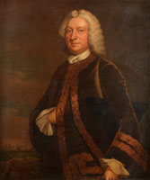 Circle of Thomas Hudson Portrait of a gentleman, three-quarter length, in a brown velvet coat trimmed with gold, a naval batle beyond