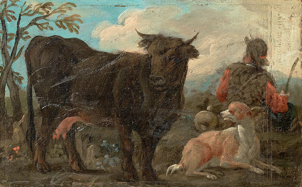 Johann Melchior Roos - A herder with his dog and a bull