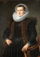 Circle of Cornelis van der Voort Portrait of a lady, three-quarter-length, in a black dress and fur-trimmed mantle