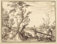 Jacques de Gheyn II Wooded Landscape with a Lancer (?) and a Barking Dog