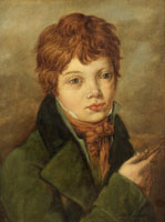 Manner of Jacques Louis David - Portrait of a boy, bust-length, in a green coat with an brown cravat holding a drawing-tool
